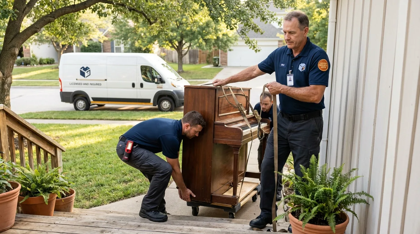 Licensed piano movers securing grand piano in Grand Marais, MN