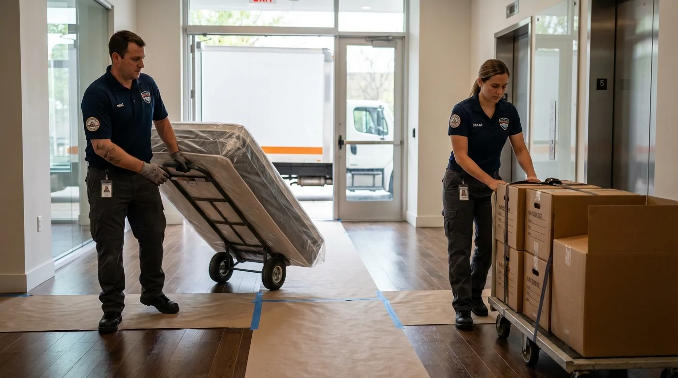 Professional apartment movers loading elevator in Grand Marais, MN