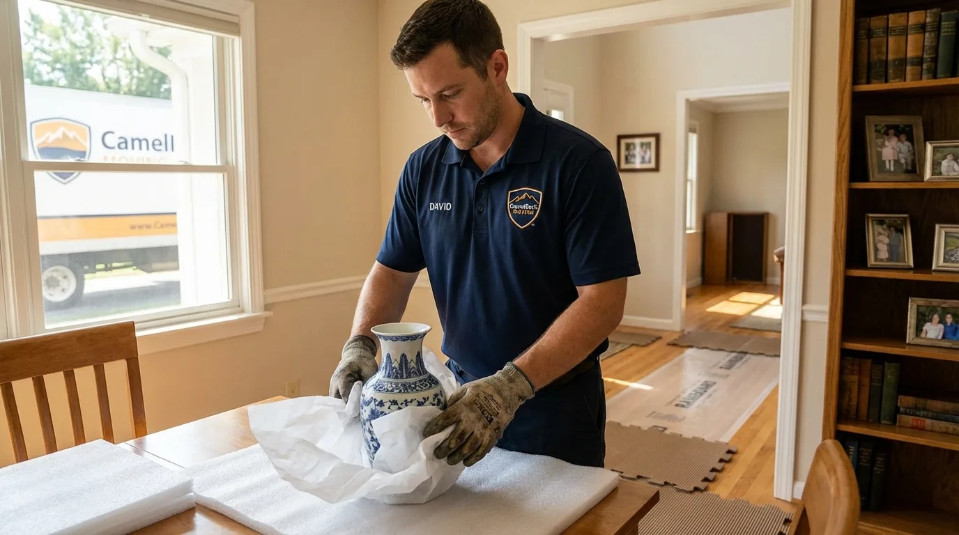 Professional crew carefully wrapping antique vase for senior downsizing move in Grand Marais, MN
